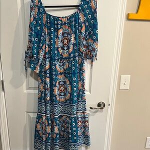 Elegant Blue and Orange Long Sleeve Dress